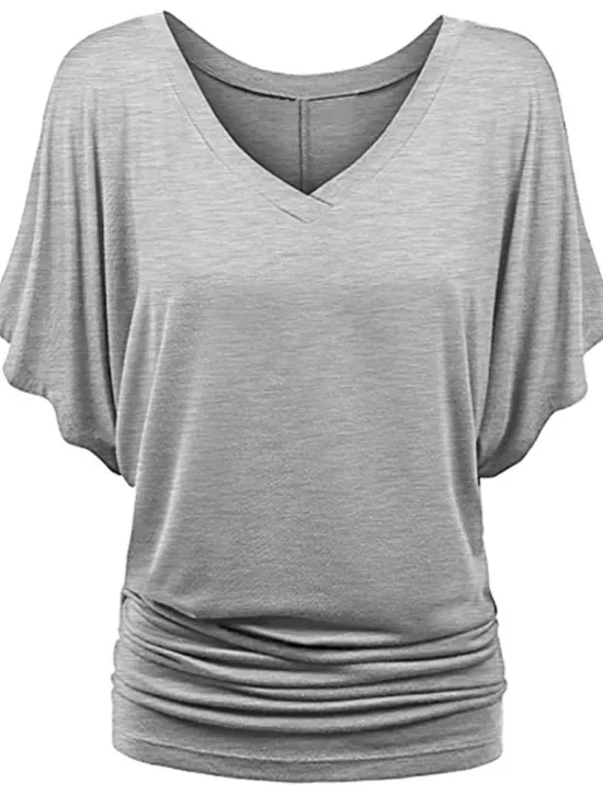 Clearance Women's Plus Size T Shirt Burgundy Tee Streetwear Casual Preppy Ruched Batwing Sleeve Half Sleeve Regular Tops V Neck Daily Going out Weekend Black White Yellow Pink Wine Summer Spring Women T-Shirts