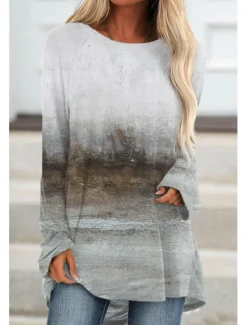 Hot Women's Plus Size T Shirt Tunic Shirts Graphic Vintage Tunic Basic Long Sleeve Round Neck Long Tops Daily Weekend Print Brown Gray Fall & Winter Women Boho Tops