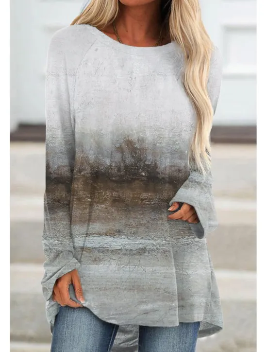 Hot Women's Plus Size T Shirt Tunic Shirts Graphic Vintage Tunic Basic Long Sleeve Round Neck Long Tops Daily Weekend Print Brown Gray Fall & Winter Women Boho Tops