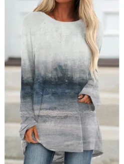 Hot Women's Plus Size T Shirt Tunic Shirts Graphic Vintage Tunic Basic Long Sleeve Round Neck Long Tops Daily Weekend Print Brown Gray Fall & Winter Women Boho Tops