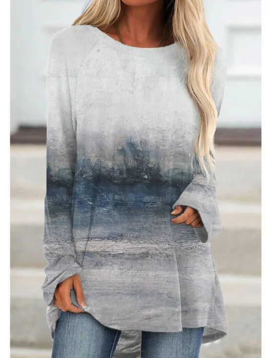 Hot Women's Plus Size T Shirt Tunic Shirts Graphic Vintage Tunic Basic Long Sleeve Round Neck Long Tops Daily Weekend Print Brown Gray Fall & Winter Women Boho Tops