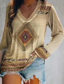Sale Women's Plus Size T Shirt V Neck Long Sleeve Tunic Graphic Geometric Vintage Basic Ethnic Long Tops Daily Weekend Print Blue Khaki Fall & Winter Women Tunic Tops|Boho Tops