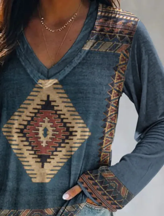 Sale Women's Plus Size T Shirt V Neck Long Sleeve Tunic Graphic Geometric Vintage Basic Ethnic Long Tops Daily Weekend Print Blue Khaki Fall & Winter Women Tunic Tops|Boho Tops