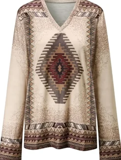 Sale Women's Plus Size T Shirt V Neck Long Sleeve Tunic Graphic Geometric Vintage Basic Ethnic Long Tops Daily Weekend Print Blue Khaki Fall & Winter Women Tunic Tops|Boho Tops