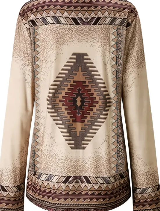 Sale Women's Plus Size T Shirt V Neck Long Sleeve Tunic Graphic Geometric Vintage Basic Ethnic Long Tops Daily Weekend Print Blue Khaki Fall & Winter Women Tunic Tops|Boho Tops
