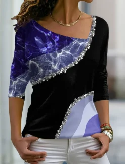 Online Women's Plus Size T Shirt Color Block Fruit Basic Long Sleeve V Neck Regular Tops Daily Weekend Print Pink Blue Purple Green Fall & Winter Women T-Shirts