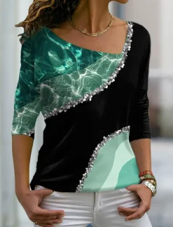 Online Women's Plus Size T Shirt Color Block Fruit Basic Long Sleeve V Neck Regular Tops Daily Weekend Print Pink Blue Purple Green Fall & Winter Women T-Shirts
