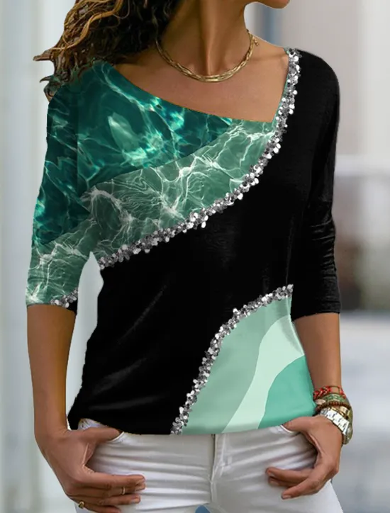 Online Women's Plus Size T Shirt Color Block Fruit Basic Long Sleeve V Neck Regular Tops Daily Weekend Print Pink Blue Purple Green Fall & Winter Women T-Shirts