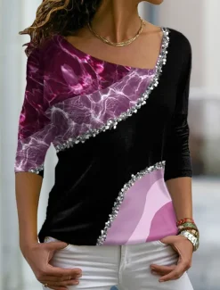 Online Women's Plus Size T Shirt Color Block Fruit Basic Long Sleeve V Neck Regular Tops Daily Weekend Print Pink Blue Purple Green Fall & Winter Women T-Shirts