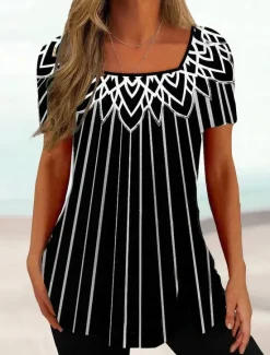 Sale Women's Plus Size T Shirt Tunic Basic Floral Striped Print Short Sleeve Regular Tops Square Neck Casual Holiday Black White Pink Purple Dark Gray Women Tunic Tops