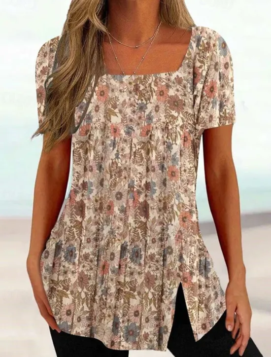 Sale Women's Plus Size T Shirt Tunic Basic Floral Striped Print Short Sleeve Regular Tops Square Neck Casual Holiday Black White Pink Purple Dark Gray Women Tunic Tops
