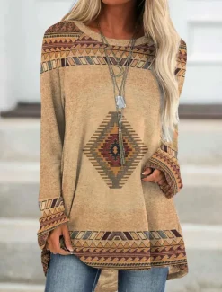 New Women's Plus Size T Shirt Tunic Shirts Geometric Plaid Vintage Tunic Ethnic Long Sleeve Round Neck Long Tops Casual Print Marron Yellow Light Green Wine Red Fall & Winter Prefall Women Tunic Tops