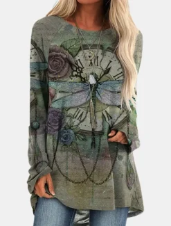 New Women's Plus Size T Shirt Tunic Shirts Geometric Plaid Vintage Tunic Ethnic Long Sleeve Round Neck Long Tops Casual Print Marron Yellow Light Green Wine Red Fall & Winter Prefall Women Tunic Tops