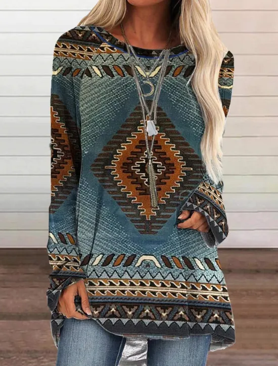 New Women's Plus Size T Shirt Tunic Shirts Geometric Plaid Vintage Tunic Ethnic Long Sleeve Round Neck Long Tops Casual Print Marron Yellow Light Green Wine Red Fall & Winter Prefall Women Tunic Tops