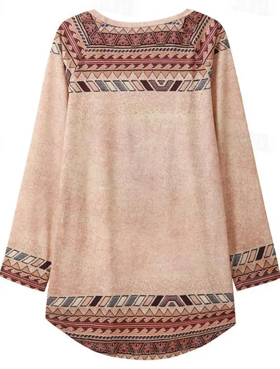 New Women's Plus Size T Shirt Tunic Shirts Geometric Plaid Vintage Tunic Ethnic Long Sleeve Round Neck Long Tops Casual Print Marron Yellow Light Green Wine Red Fall & Winter Prefall Women Tunic Tops