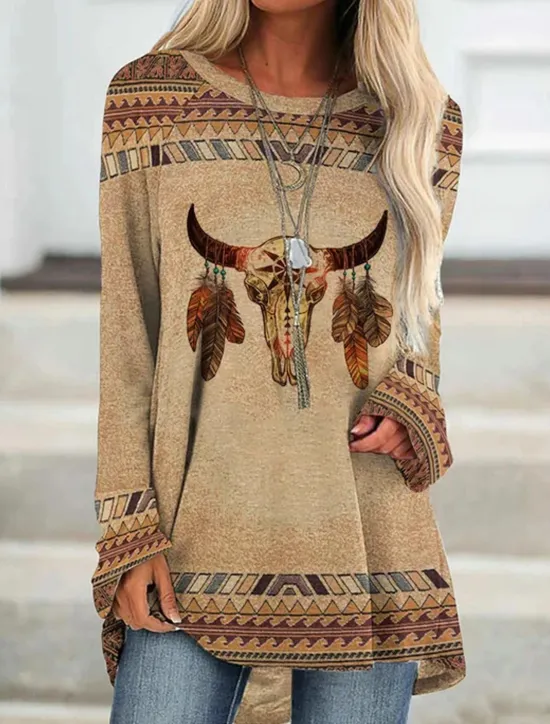 New Women's Plus Size T Shirt Tunic Shirts Geometric Plaid Vintage Tunic Ethnic Long Sleeve Round Neck Long Tops Casual Print Marron Yellow Light Green Wine Red Fall & Winter Prefall Women Tunic Tops