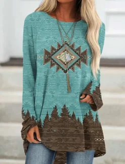 New Women's Plus Size T Shirt Tunic Shirts Geometric Plaid Vintage Tunic Ethnic Long Sleeve Round Neck Long Tops Casual Print Marron Yellow Light Green Wine Red Fall & Winter Prefall Women Tunic Tops