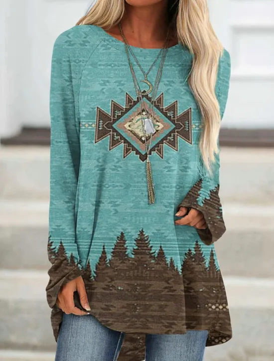 New Women's Plus Size T Shirt Tunic Shirts Geometric Plaid Vintage Tunic Ethnic Long Sleeve Round Neck Long Tops Casual Print Marron Yellow Light Green Wine Red Fall & Winter Prefall Women Tunic Tops