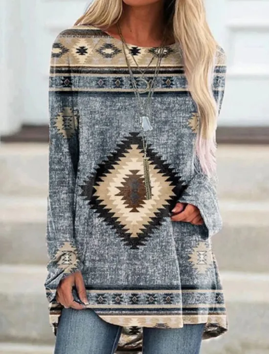 New Women's Plus Size T Shirt Tunic Shirts Geometric Plaid Vintage Tunic Ethnic Long Sleeve Round Neck Long Tops Casual Print Marron Yellow Light Green Wine Red Fall & Winter Prefall Women Tunic Tops