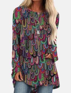 New Women's Plus Size T Shirt Tunic Shirts Geometric Plaid Vintage Tunic Ethnic Long Sleeve Round Neck Long Tops Casual Print Marron Yellow Light Green Wine Red Fall & Winter Prefall Women Tunic Tops