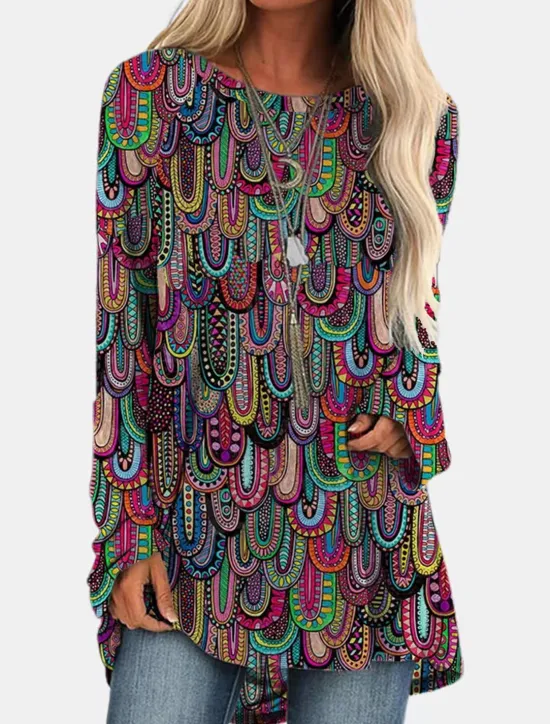 New Women's Plus Size T Shirt Tunic Shirts Geometric Plaid Vintage Tunic Ethnic Long Sleeve Round Neck Long Tops Casual Print Marron Yellow Light Green Wine Red Fall & Winter Prefall Women Tunic Tops