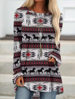 New Women's Plus Size T Shirt Tunic Shirts Geometric Plaid Vintage Tunic Ethnic Long Sleeve Round Neck Long Tops Casual Print Marron Yellow Light Green Wine Red Fall & Winter Prefall Women Tunic Tops