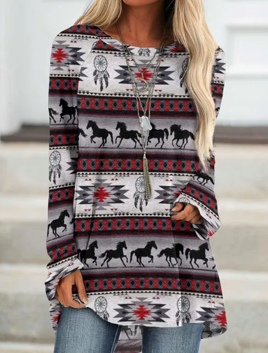 New Women's Plus Size T Shirt Tunic Shirts Geometric Plaid Vintage Tunic Ethnic Long Sleeve Round Neck Long Tops Casual Print Marron Yellow Light Green Wine Red Fall & Winter Prefall Women Tunic Tops
