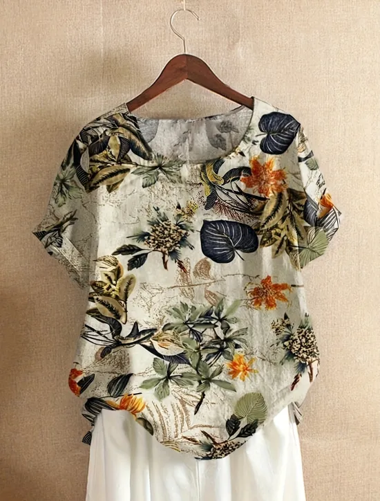 Online Women's Plus Size T Shirt Leaf Flower Daily Casual Short Sleeve Crew Neck Daily Print All Seasons Women T-Shirts|Boho Tops