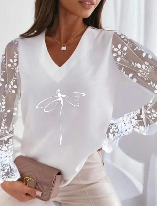 Online Women's Plus Size T Shirt Animal Basic Long Sleeve V Neck Regular Tops Casual Weekend Patchwork Print Silver Pearl White Ivory Wine Fall & Winter Women T-Shirts