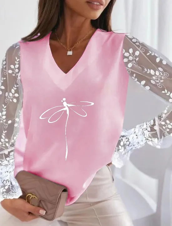 Online Women's Plus Size T Shirt Animal Basic Long Sleeve V Neck Regular Tops Casual Weekend Patchwork Print Silver Pearl White Ivory Wine Fall & Winter Women T-Shirts