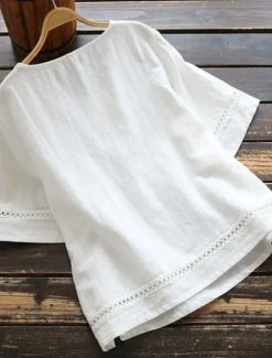 Women's Plus Size Tops Shirt Linen-Inspired Shirts Plain Half Sleeve Crewneck Streetwear Vacation Daily Polyester Spring Fall White Green Women Shirts