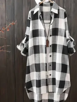 Best Women's Plus Size Tunic Shacket Plaid Daily Long Sleeve Shirt Collar Casual Holiday Buttons Black Pink Blue All Seasons Women Tunic Tops