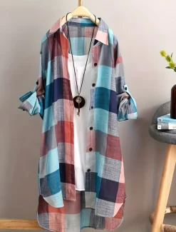 Best Women's Plus Size Tunic Shacket Plaid Daily Long Sleeve Shirt Collar Casual Holiday Buttons Black Pink Blue All Seasons Women Tunic Tops