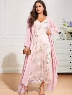 Hot Women's Plus Size Wedding Guest Dress Set Maxi Dress Chiffon Cardigan Embroidered Date Vacation Elegant V Neck Long Sleeve Color Spring Summer Fall Women Spring Curvy Dress