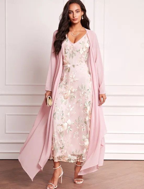 Hot Women's Plus Size Wedding Guest Dress Set Maxi Dress Chiffon Cardigan Embroidered Date Vacation Elegant V Neck Long Sleeve Color Spring Summer Fall Women Spring Curvy Dress