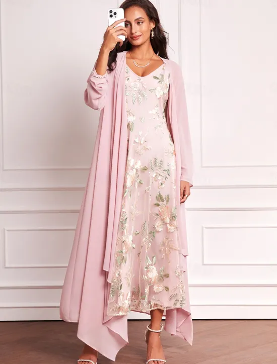Hot Women's Plus Size Wedding Guest Dress Set Maxi Dress Chiffon Cardigan Embroidered Date Vacation Elegant V Neck Long Sleeve Color Spring Summer Fall Women Spring Curvy Dress