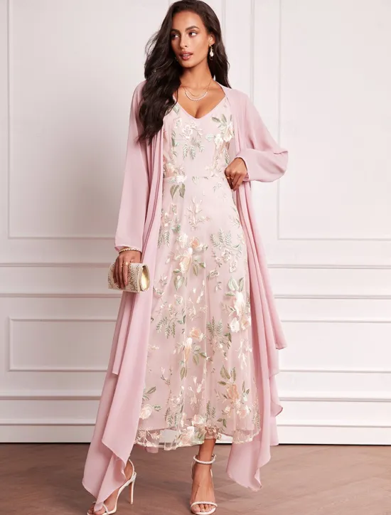 Hot Women's Plus Size Wedding Guest Dress Set Maxi Dress Chiffon Cardigan Embroidered Date Vacation Elegant V Neck Long Sleeve Color Spring Summer Fall Women Spring Curvy Dress
