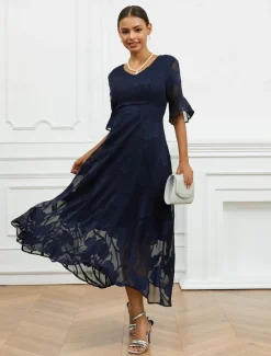Discount Women's Plus Size Wedding Guest Cocktail Dress Maxi Dress Lace Ruffle Party Elegant Formal V Neck Half Sleeve Flutter Sleeve Color Women Spring Curvy Dress