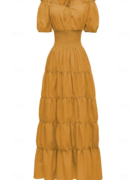 New Women's Plus Size with Sleeve Vintage Dress Long Dress Maxi Dress Lantern Sleeve Casual Plain V Neck Short Sleeve Halloween Summer Spring Dark Yellow Navy Women Casual Dress
