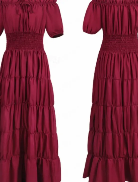 New Women's Plus Size with Sleeve Vintage Dress Long Dress Maxi Dress Lantern Sleeve Casual Plain V Neck Short Sleeve Halloween Summer Spring Dark Yellow Navy Women Casual Dress