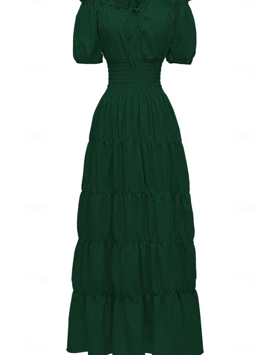 New Women's Plus Size with Sleeve Vintage Dress Long Dress Maxi Dress Lantern Sleeve Casual Plain V Neck Short Sleeve Halloween Summer Spring Dark Yellow Navy Women Casual Dress