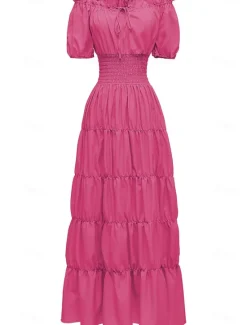 New Women's Plus Size with Sleeve Vintage Dress Long Dress Maxi Dress Lantern Sleeve Casual Plain V Neck Short Sleeve Halloween Summer Spring Dark Yellow Navy Women Casual Dress