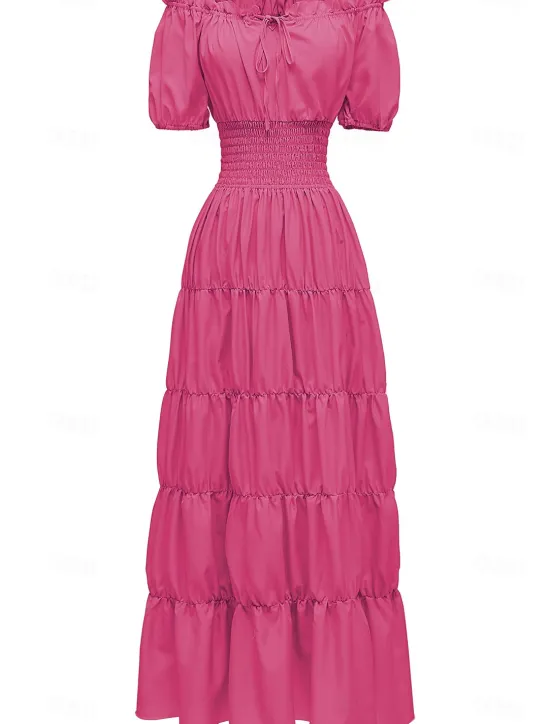 New Women's Plus Size with Sleeve Vintage Dress Long Dress Maxi Dress Lantern Sleeve Casual Plain V Neck Short Sleeve Halloween Summer Spring Dark Yellow Navy Women Casual Dress