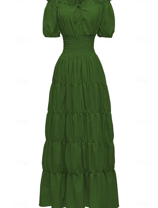 New Women's Plus Size with Sleeve Vintage Dress Long Dress Maxi Dress Lantern Sleeve Casual Plain V Neck Short Sleeve Halloween Summer Spring Dark Yellow Navy Women Casual Dress