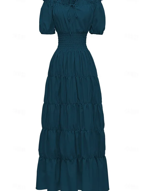 New Women's Plus Size with Sleeve Vintage Dress Long Dress Maxi Dress Lantern Sleeve Casual Plain V Neck Short Sleeve Halloween Summer Spring Dark Yellow Navy Women Casual Dress