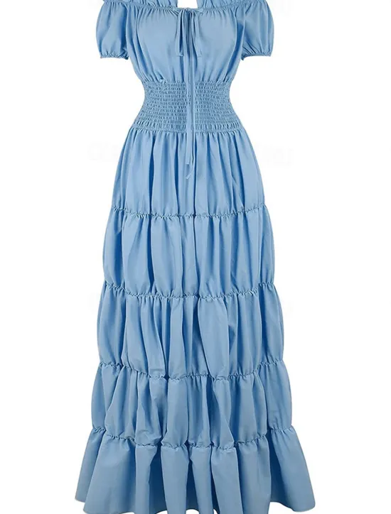 New Women's Plus Size with Sleeve Vintage Dress Long Dress Maxi Dress Lantern Sleeve Casual Plain V Neck Short Sleeve Halloween Summer Spring Dark Yellow Navy Women Casual Dress