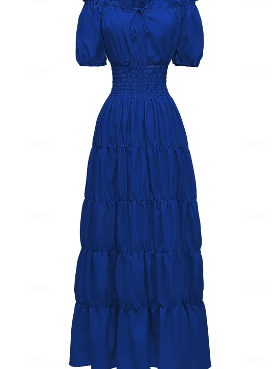New Women's Plus Size with Sleeve Vintage Dress Long Dress Maxi Dress Lantern Sleeve Casual Plain V Neck Short Sleeve Halloween Summer Spring Dark Yellow Navy Women Casual Dress