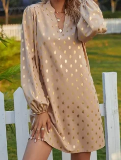 Online Women's Polka Dot Print Notched Neck Mini Dress Stylish Party Daily Long Sleeve Fall Women Casual Dress