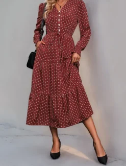 Hot Women's Polka Dot V Neck Midi Dress Long Sleeve Spring Fall Women Work Dresses