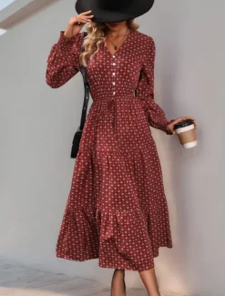 Hot Women's Polka Dot V Neck Midi Dress Long Sleeve Spring Fall Women Work Dresses